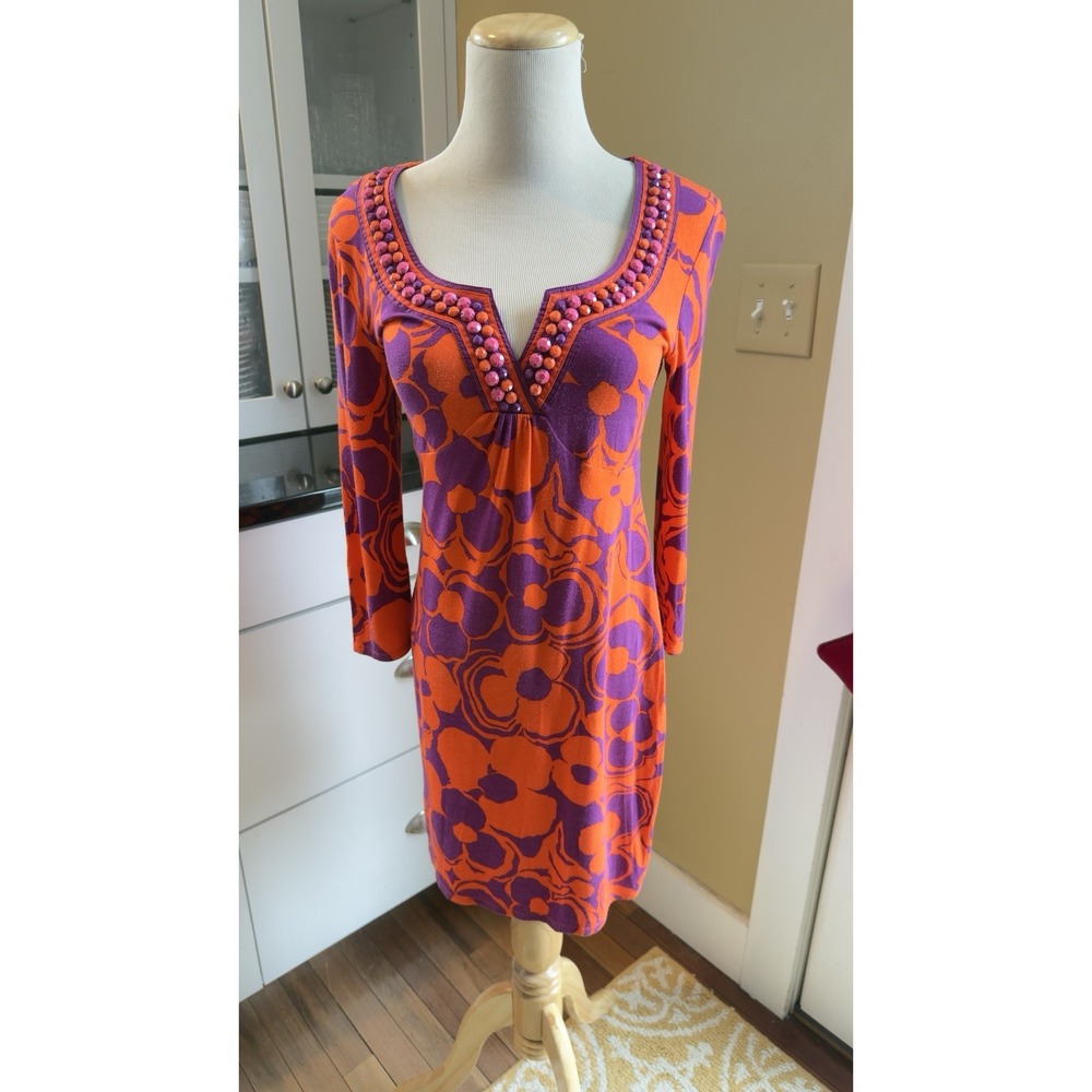 Boden Fitted Dress Orange Purple Flower Floral Bead Details Boho V-neck LS Sz 4